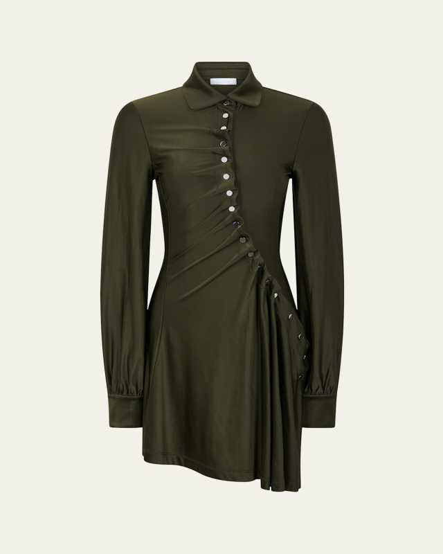 Ruched Button Long-Sleeve Mini Shirtdress